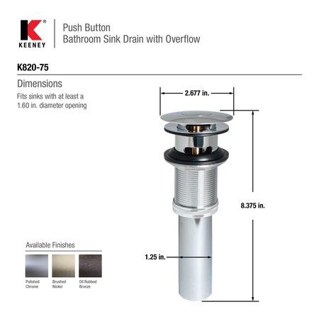 Keeney Mfg Push Button Bathroom Sink Drain with Overflow, Bronze K820-75BRZ